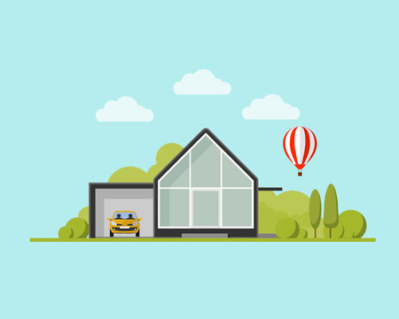 modern house with garden and balloon. Family home. Flat design vector concept illustration.