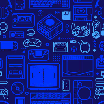 Vector seamless pattern with oldschool gaming objects. Color schematic lines.