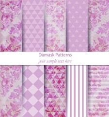 Damask patterns set collection Vector. Baroque ornament on modern abstract background. Vintage decor. Trendy color fabric textures