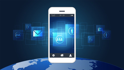 Smart phone screen showing digital circuit boards with icon and world map background, Symbol of international communication, World connected, Social media, Globalization and networking concept.
