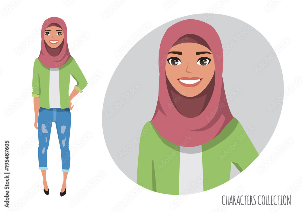 Wall mural muslim women character is happy and smiling. muslim young woman wearing hijab.