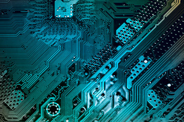 Close up of a printed blue computer circuit board