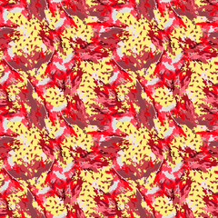 Naklejka na ściany i meble Vector seamless yellow camo pattern. Modern stylish texture as urban UFO camouflage. Repeating endless abstract background with red and pink elements. Usable as print, backdrop or stylish camoflage