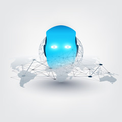 Abstract Machine Learning, Artificial Intelligence, Cloud Computing and Networks Design Concept with Robot Head