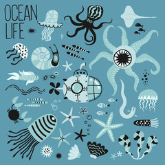 Vector set of children's drawings - ocean life, underwater monsters. Submarine trip. Doodle style.
