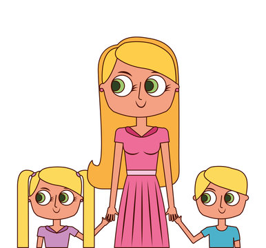 mother and her kids together holding hands portrait vector illustration