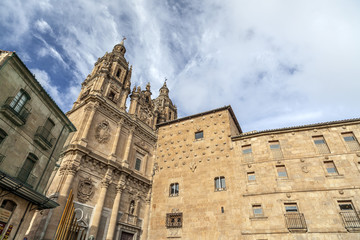 Historic center city view, building Casa de las Conchas and church, Salamanca.Spain.