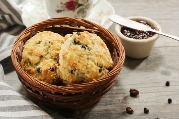 Homemade Raisin scones / Irish Soda bread Biscuits, selective focus