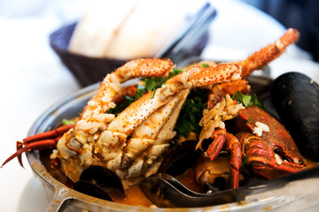 closeup mix seafood soup pot