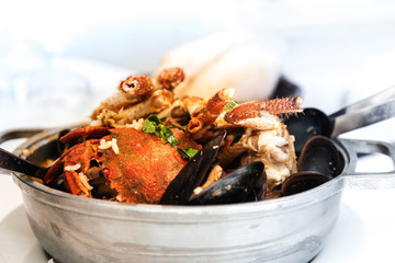 closeup mix seafood soup pot