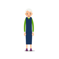 Old woman. Elderly woman stand. Illustration isolated on white background in flat style. Full length portrait of old ladie, senior or grandmother