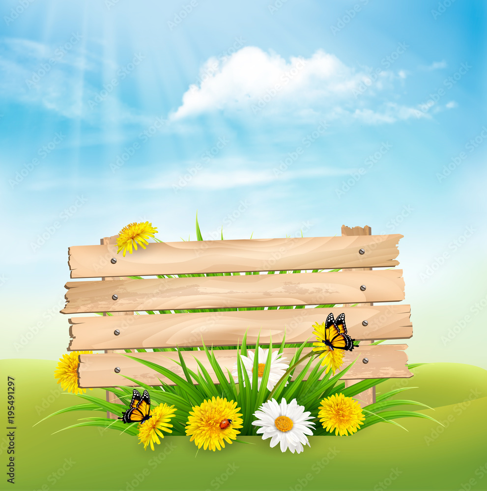 Poster spring nature background with grass and flowers and wooden sign. vector.