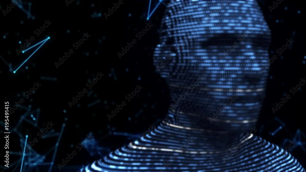 Poster digital silhouette of virtual man from binary code on background of connections