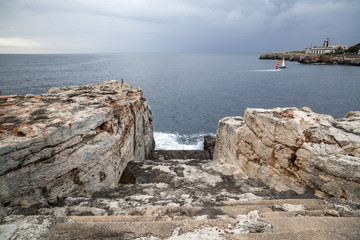 Mediterranean cliffs on the coast of Ciutadella, Minorca island, Balearic islands, Spain.