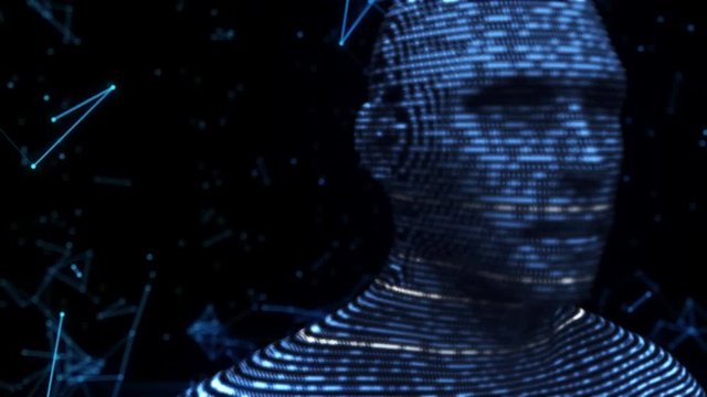Digital silhouette of virtual man from binary code on background of connections