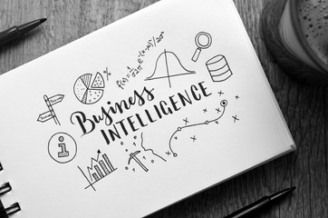 BUSINESS INTELLIGENCE Hand-Lettered Sketch Icons on notepad