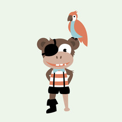 Cute little pirate monkey captain with wooden leg and parrot bird