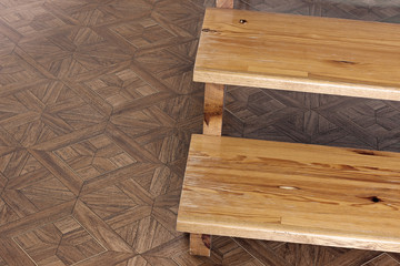 Wooden staircase on the background of a wooden floor. Parquet.