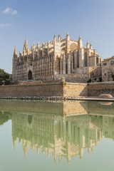 Cathedral or La Seu, reflection in pond. Balearic Islands, Palma de Mallorca.Spain.