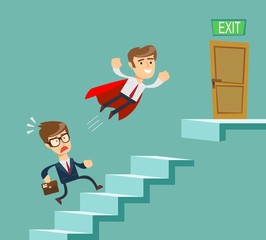 Super businessman in red cape flying pass another businessman climbing stairs. Business competition concept. Stock flat vector illustration.