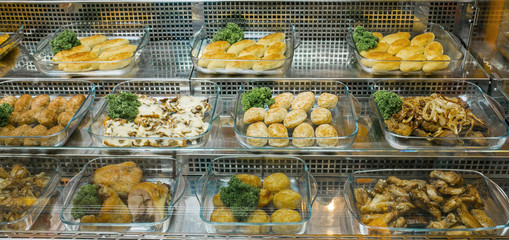 Top view of freshly prepared delicious Mediterranean dishes assorted in the restaurant, buffet. View from above