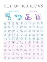 Set of 100 Isolated Minimal Modern Simple Elegant White Stroke Icons ( Politics and Police )