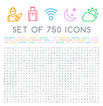 Set of 750 Minimal Universal Isolated Modern Elegant Thin Line Icons on White Background