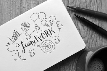 “TEAMWORK” Hand Lettered Sketch Notes on notepad on desk