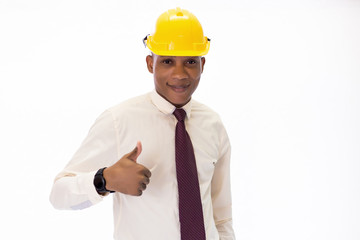 African American man showing thumbs up with copy space. Happy male engineer at work isolated over white background