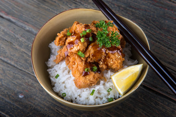 Japanese style crispy chicken with rice.