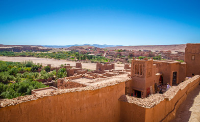 Aerial view on Kasbah Ait Ben Haddou and desert near Atlas Mountains, Morocco