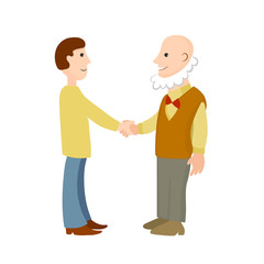 Fototapeta premium Handshake of old and young men. Vector color cartoon image.