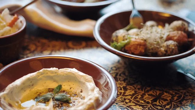 Lebanon cuisine served in restaurant. Traditional meze lunch