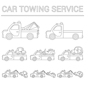 Set of towing truck for transportation emergency cars. Illustration isolated on white background © julimur