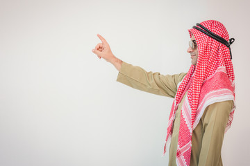 happy young Arab businessman with hands up.