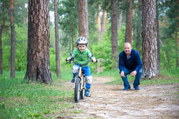 Fototapeta premium Little kid boy of 3 years and his father in autumn forest with a bicycle. Dad teaching his son. Man happy about success. Child with helmet. Safety, sports, leisure with kids concept.