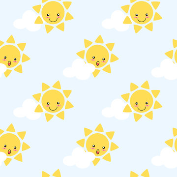 Cute cartoon sun seamless pattern vector background. Lovely cartoon character on cloud and blue sky background. Cute cartoon for children fashion, nursery, scrapbooking, textile and decoration.