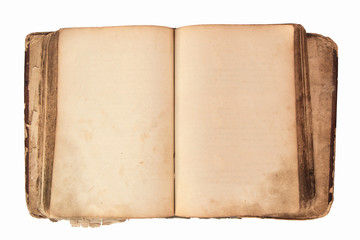 Old opened book isolated on white, top view