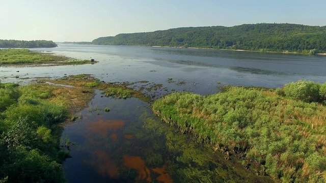 aerial view of river and the islands 4K, forest and river, Very high view of the river forest at sunrise, Aerial view of mystical river and hills