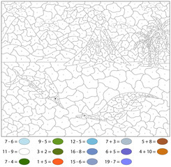 Funny cute ichthyosaurus and pliosaurus on the background of a prehistoric nature. Color by number educational game for kids