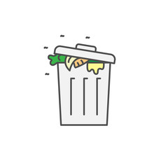 Trash full with dirt and fly icon. Kitchen appliances for cooking Illustration. Simple thin line style symbol.