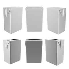 3D realistic render of carton white box. Milk, juice or cream. With shadow. Isolated on white background with clipping path. In different views.
