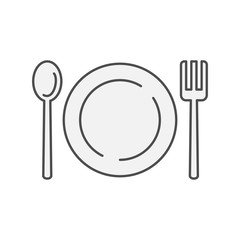 Plate with spoon and fork restaurant icon. Kitchen appliances for cooking Illustration. Simple thin line style symbol.