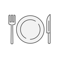 plate with fork and knife western restaurant icon. Kitchen appliances for cooking Illustration. Simple thin line style symbol.