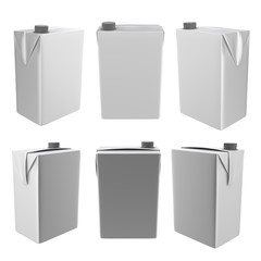 3D realistic render of milk, juice or cream carton. Grey lid. White background. Clipping path. Empty template for your design. In different views.
