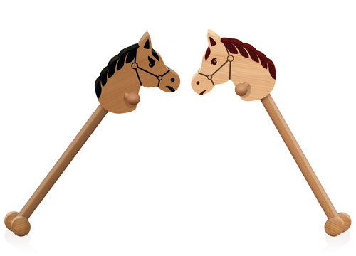 Hobby horse fight. Symbol for problem children, educational conflict management, social interaction or aggressive childlike behavior - isolated vector illustration on white background.
