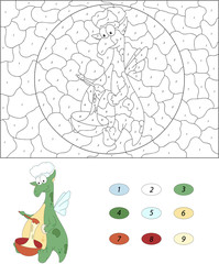 The green dragon kneads the dough in a red bowl. Color by number educational game for kids