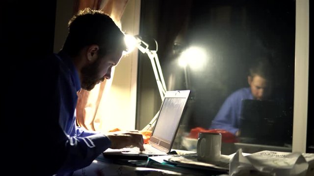 Businessman Silhouette Working Late Night, Phone Call On Laptop Home Desk 4K.
