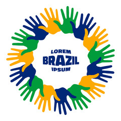 Colorful fifteen hand print logo using Brazil flag colors. Vector illustration.