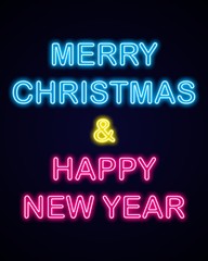 Merry Christmas and Happy New Year on neon stars background